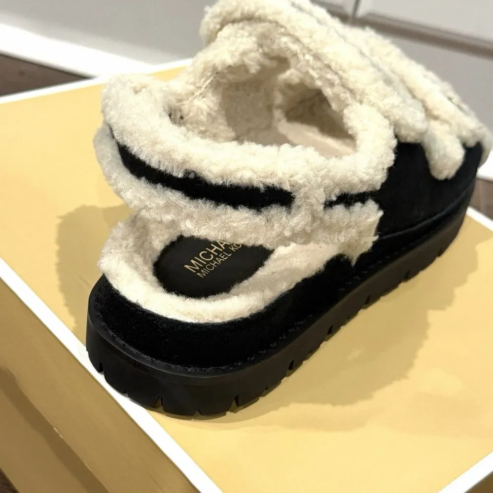 Michael Kors Holland Lug Sandal Faux Shearling Black Womens 9.5M 49F5HLFS1D NIB